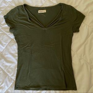 Olive Green v neck Ribbed Top Hollister